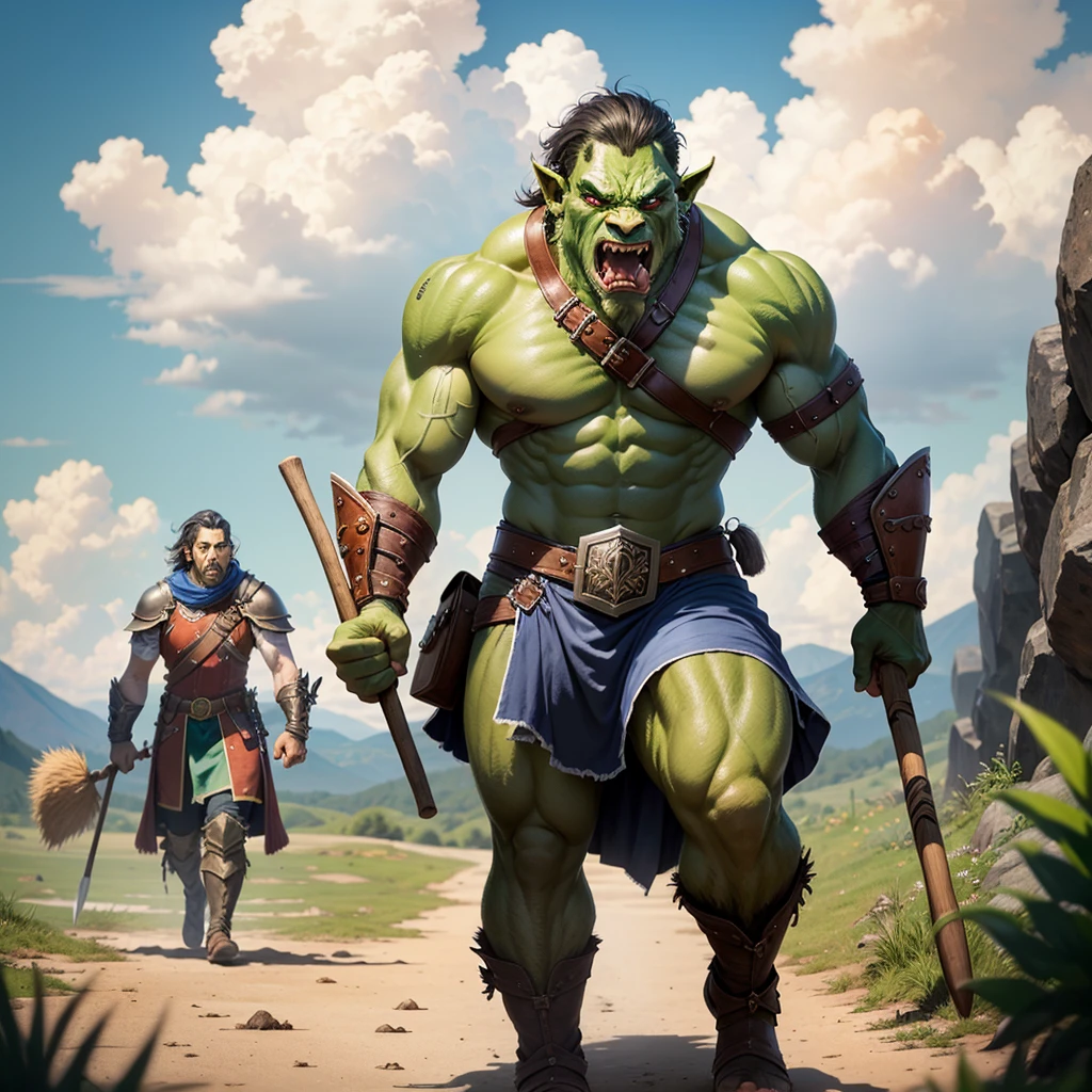 orc verde rpg d&4k cinematic d holding an ax in hand d character&d very detailed, punctuation_9, punctuation_8_High above, punctuation_7_High above, standing alone, male focus, mature man, orc, greenskin, fangs, Barba, plein-air, armors, gazing at viewer, shoulder armors, breastplate, High aboveper body, cloused mouth, walking sticks, natta, natta sky, standing