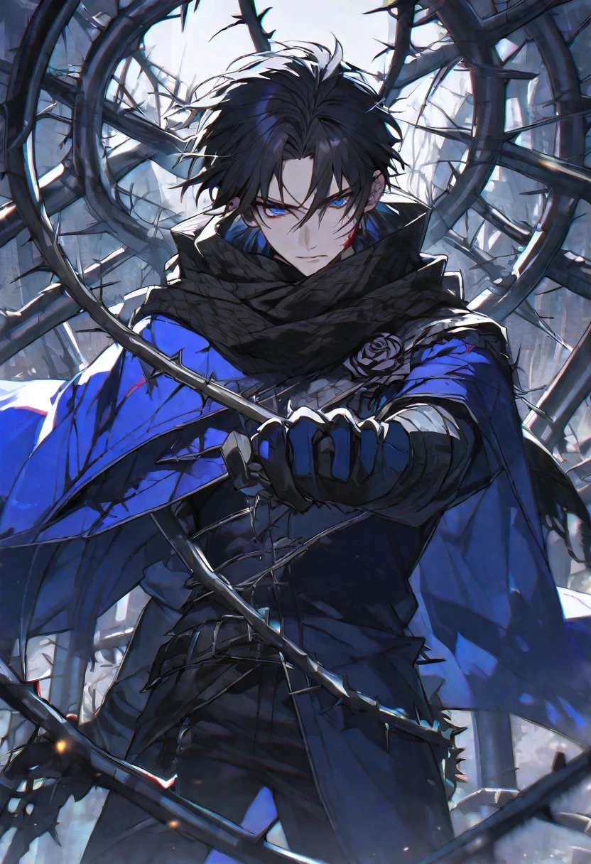 Solo, male, black hair, blue eyes, blue coat, black scarf, black roses, thorns, blood