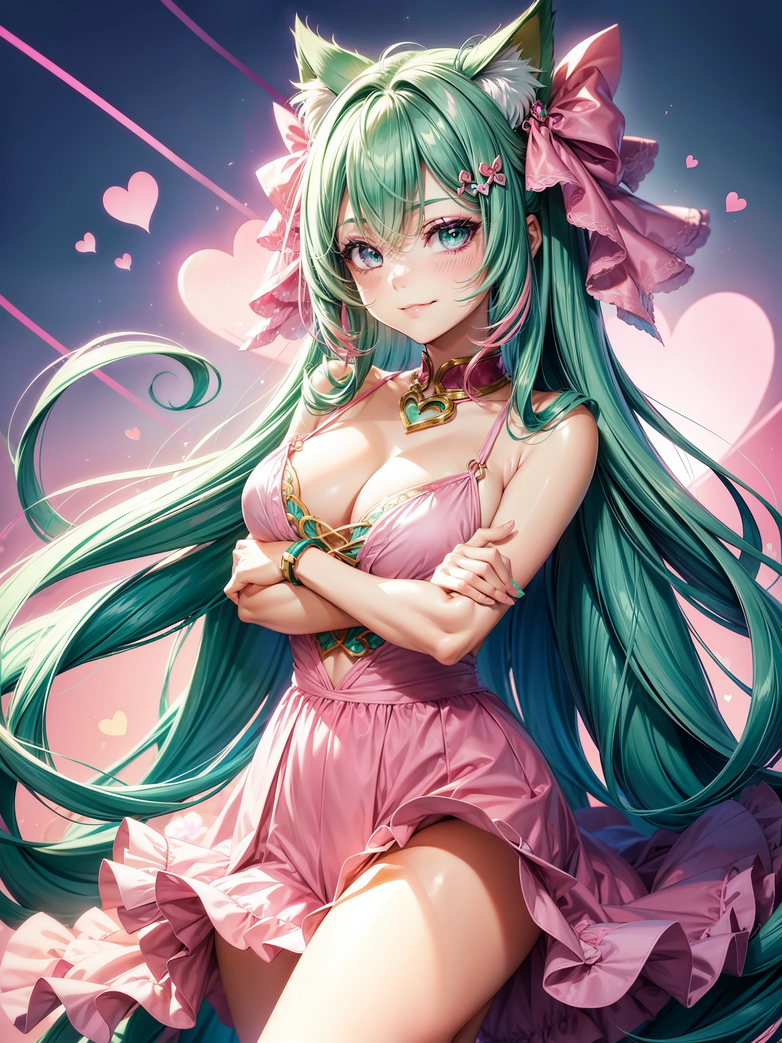 ((Pink green hair color)), pink eyes, woman, teal blue gold clothes,happy face, sexy outfit, cat ears, hearts, floating hearts, face only,  long hair, smiling, hair ornament, up close face,  sexy clothes, sexy women , closed mouth smile, up close face, hair bows