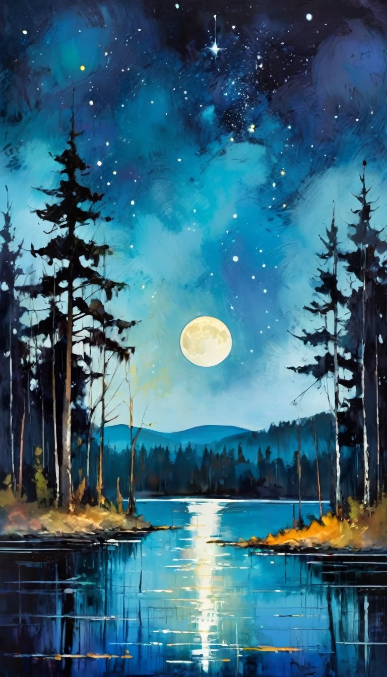 a lake, magic, forest, fantastic, night sky, moon, stars, background, (simple oil painting in a style to Bill Sienkiewicz)