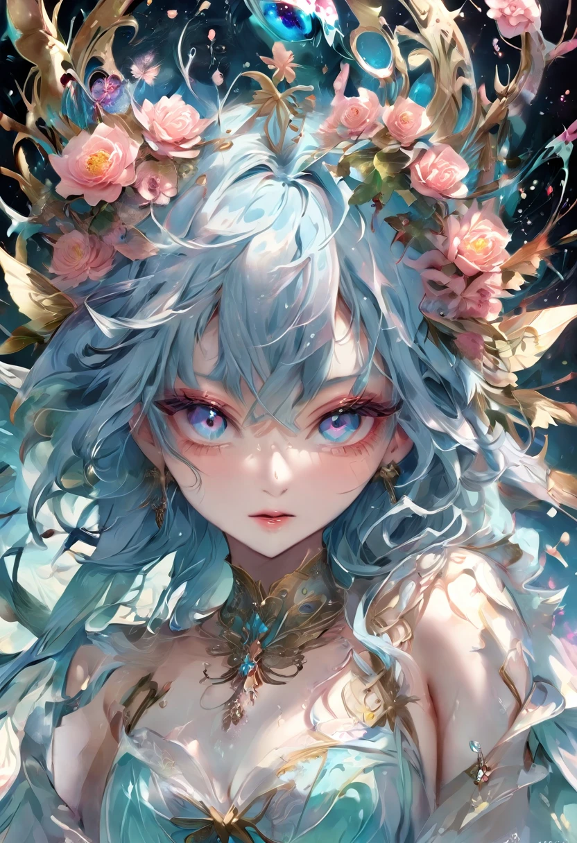 Qt/partagez votre beauté cheveu rosée aux yeux bleus.Anime, démon féminin dans un décor fantastique,  mangeant une glace 