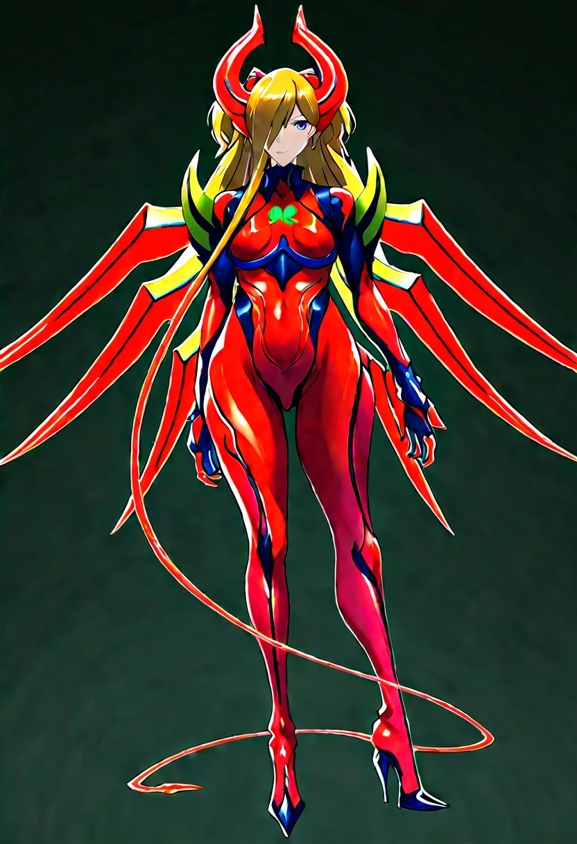 Full-body concept art, 1 woman,asuka langley shikinami test plug suit,A figure fused with a dragon, witch blade motivism, evil fall, symbiote skin, Blood vessels floating all over the body, full body suit, enemy woman, bio full skin suit, high image quality, real, high detail, 16K, purple gloves, renamon bodysuit, fortified suit, glossy, digimon, goddess, mature female, mistress, fox mask, masterpiece, more_details:-1, more_details:0, more_details:0.5, more_details:1, more_details:1.5