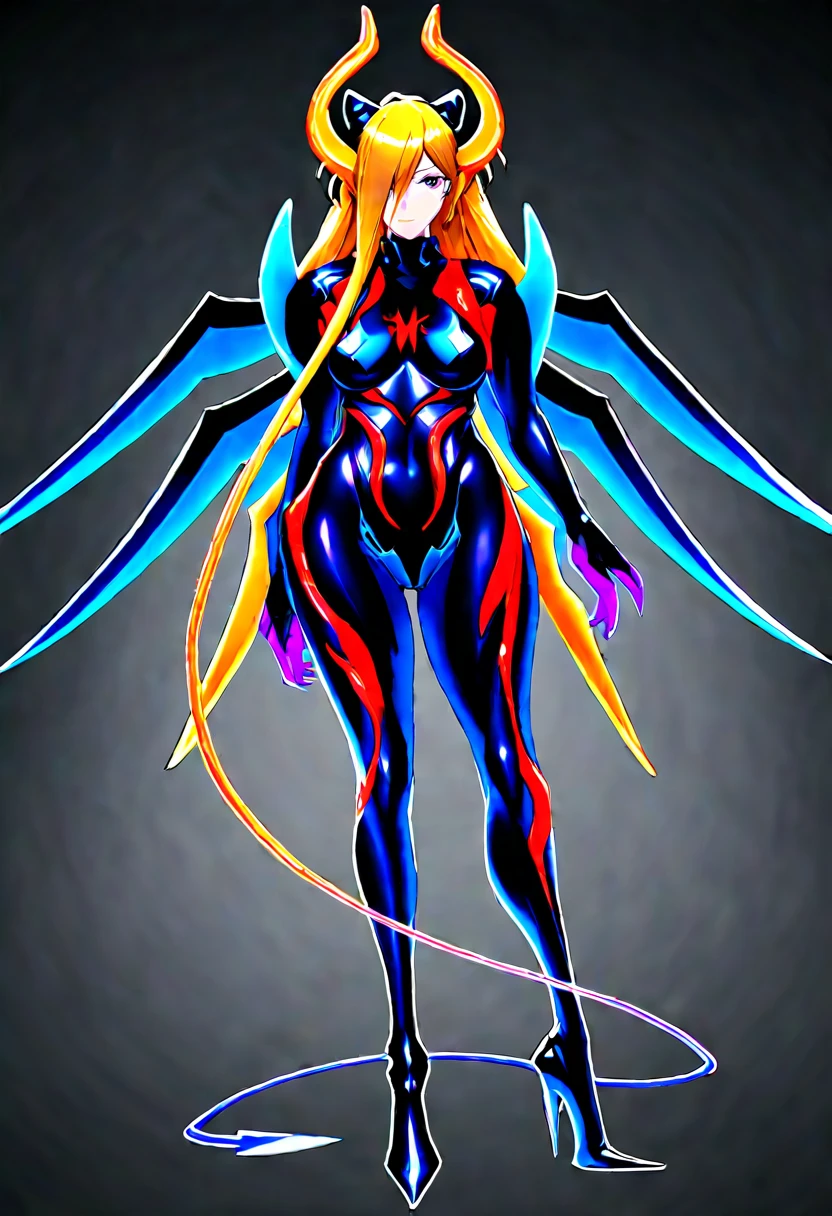 Full-body concept art, 1 woman,asuka langley shikinami test plug suit,A figure fused with a dragon, witch blade motivism, evil fall, symbiote skin, Blood vessels floating all over the body, full body suit, enemy woman, bio full skin suit, high image quality, real, high detail, 16K, purple gloves, renamon bodysuit, fortified suit, glossy, digimon, goddess, mature female, mistress, fox mask, masterpiece, more_details:-1, more_details:0, more_details:0.5, more_details:1, more_details:1.5