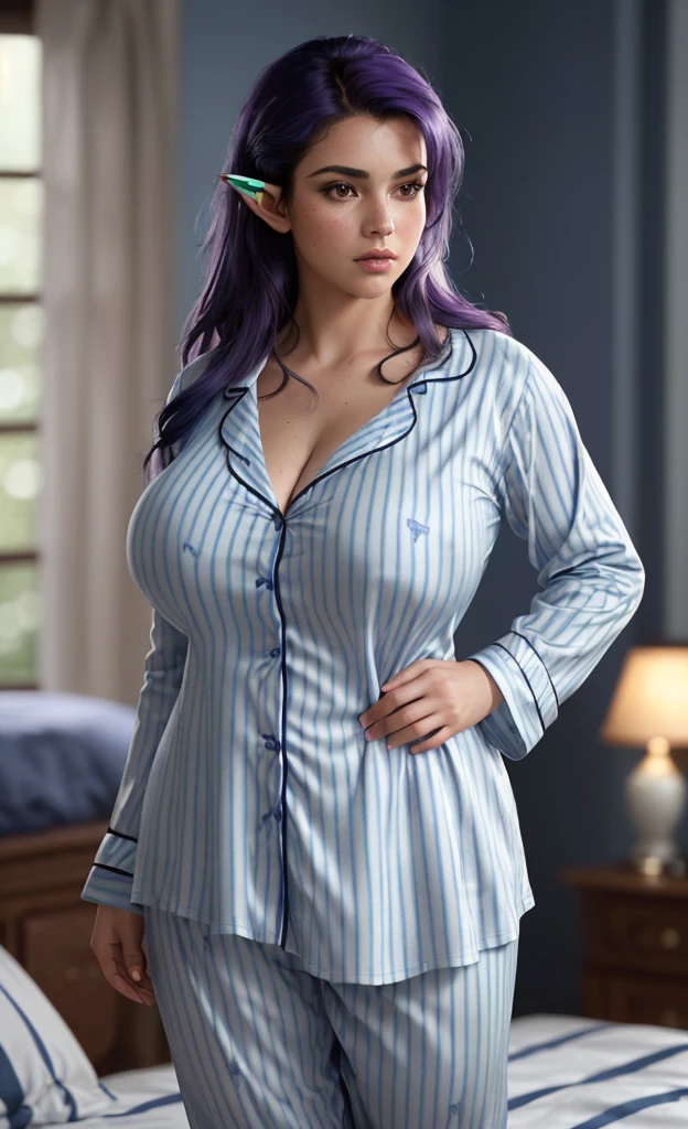 (masterpiece), (extremely intricate:1.3), (realistic), portrait of a girl, huge and perfect breasts, heaving bosom, curvy, slightly chubby, the most beautiful in the world, dark eyebrows, purple hair, (very messy hair) (bed head), (shaggy hair), almond eyes, blushing slightly, (masculine blue and white striped pyjamas:1.3 ), (no makeup), elf ears, pale skin, detailed textures, slightly teary eyed, laying on bed, grabbing her breasts, shocked, bewildered expression, upper body, cosy bedroom, soft lighting, professional photograph of a stunning woman detailed, looking at the camera, detailed eyes, sharp focus, dramatic, award winning, cinematic lighting, octane render  unreal engine,  volumetrics dtx, (film grain, blurry background, blurry foreground, bokeh, depth of field, motion blur:1.3)