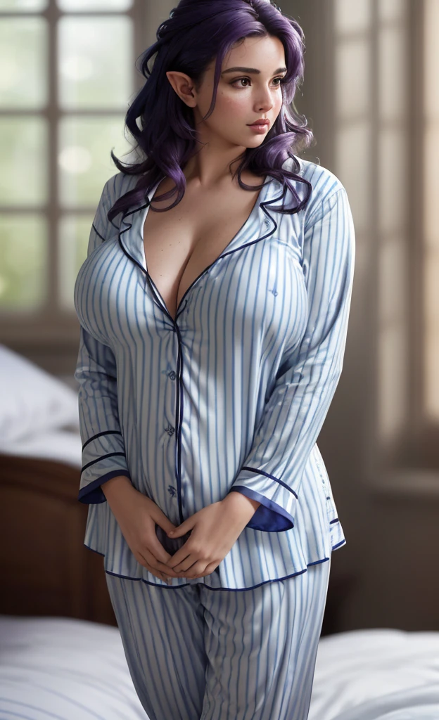 (masterpiece), (extremely intricate:1.3), (realistic), portrait of a girl, huge and perfect breasts, heaving bosom, curvy, slightly chubby, the most beautiful in the world, dark eyebrows, purple hair, (very messy hair) (bed head), almond eyes, seductive gaze, blushing slightly, (masculine blue and white striped pyjamas:1.3 ), (no makeup), elf ears, pale skin, detailed textures, upper body, cosy bedroom, soft lighting, professional photograph of a stunning woman detailed, looking at the camera, alluring stare, detailed eyes, sharp focus, dramatic, award winning, cinematic lighting, octane render unreal engine, volumetrics dtx, (film grain, blurry background, blurry foreground, bokeh, depth of field, motion blur:1.3)