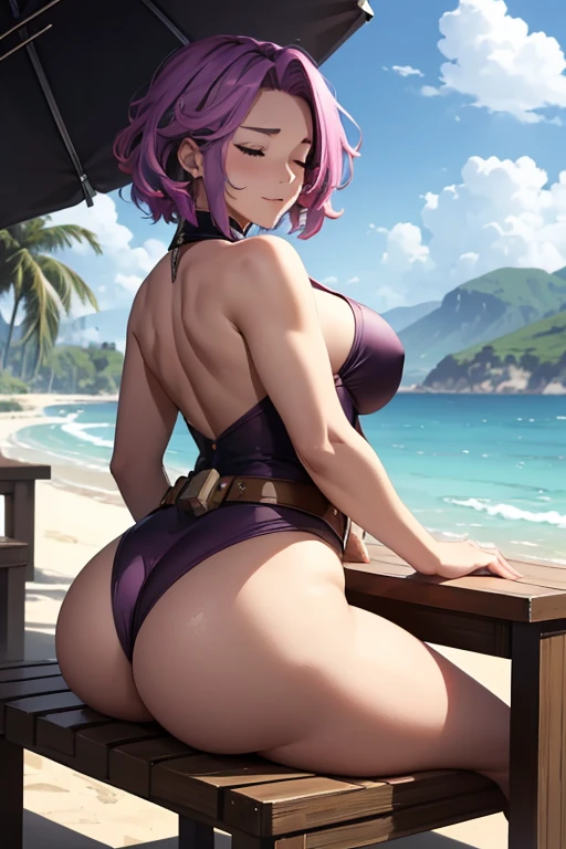 boku no hero academia, lady nagant,1girl short hair purple hair multicolored hair purple eyes purple belt,Lady Nagant, a powerful villain from the League of Villains in My Hero Academia, decides to take a break from her nefarious activities and enjoy some bath time sun on the beach. With fair skin and blonde hair, 28 years old, sitting on a dark wooden table, naked and sensual. She has big round breasts, pink skin and a small piercing on her clitoris. Her vagina is smooth and moist, exposing her pink lips. She rests her thighs on the edge of the table, spreading her legs wide to reveal her round, pink ass. On her lap, a dark and muscular man, aged 28, also naked, holds his thick and long erect cock, pointing at her vaginal entrance. He has a piercing on his dick and his balls are thick and well shaped. With an expression of burning desire, he slowly pushes his penis into her vagina, ramming it all the way in with a moan of pleasure. The woman sighs loudly, leaning her back on the table and closing her eyes, smiling with satisfaction as he begins to move inside her with slow, deep movements.". which perfectly accentuates her curvy figure and long legs. As she lies down on her lounger under a large umbrella, his eyes closed peacefully as he enjoyed the sun's rays. His blonde hair cascades over one side of his face, adding to his allure despite being surrounded by innocent civilians enjoying the day at the coast. no one seems to notice or recognize this dangerous woman due to the clever disguises and concealment techniques mastered by the League members. 