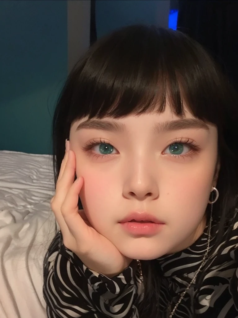 girl with clean pale skin and silky soft black hair, with small pink lips and a small, thin potato nose and blue-green eyes , taking photo looking at camera bored