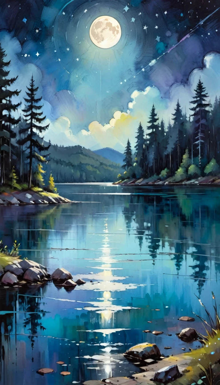 a lake, magic, forest, fantastic, night sky, moon, stars, background, (simple oil painting in a style to Bill Sienkiewicz)
