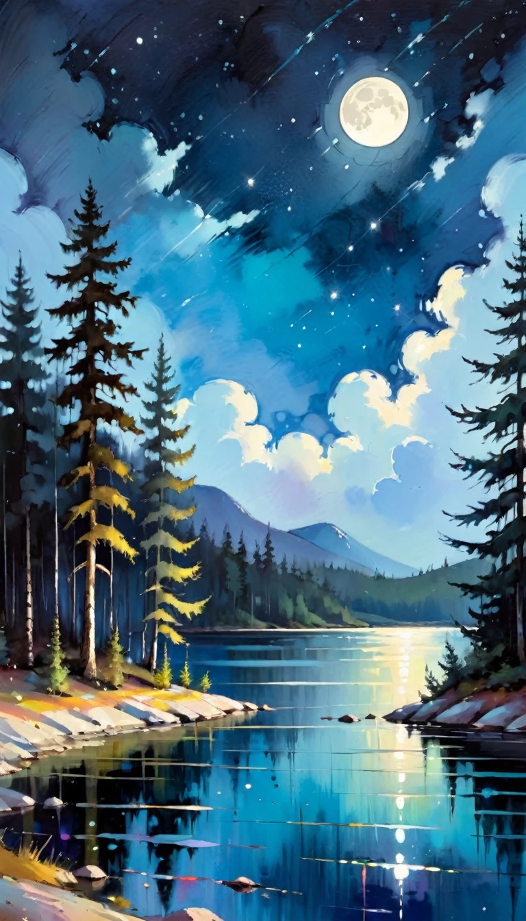 a lake, magic, forest, fantastic, night sky, moon, stars, background, (simple oil painting in a style to Bill Sienkiewicz)