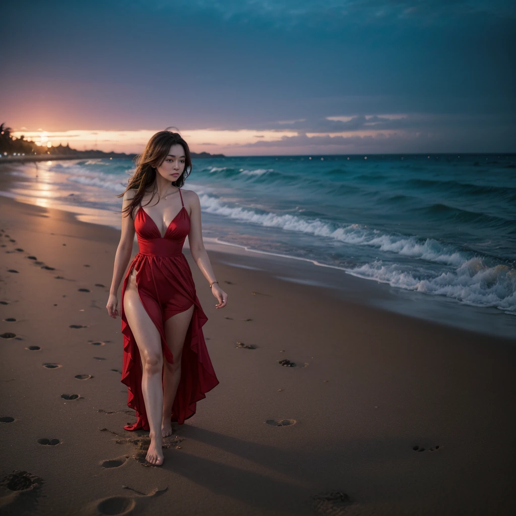 A woman walking on the beach at night in a red dress