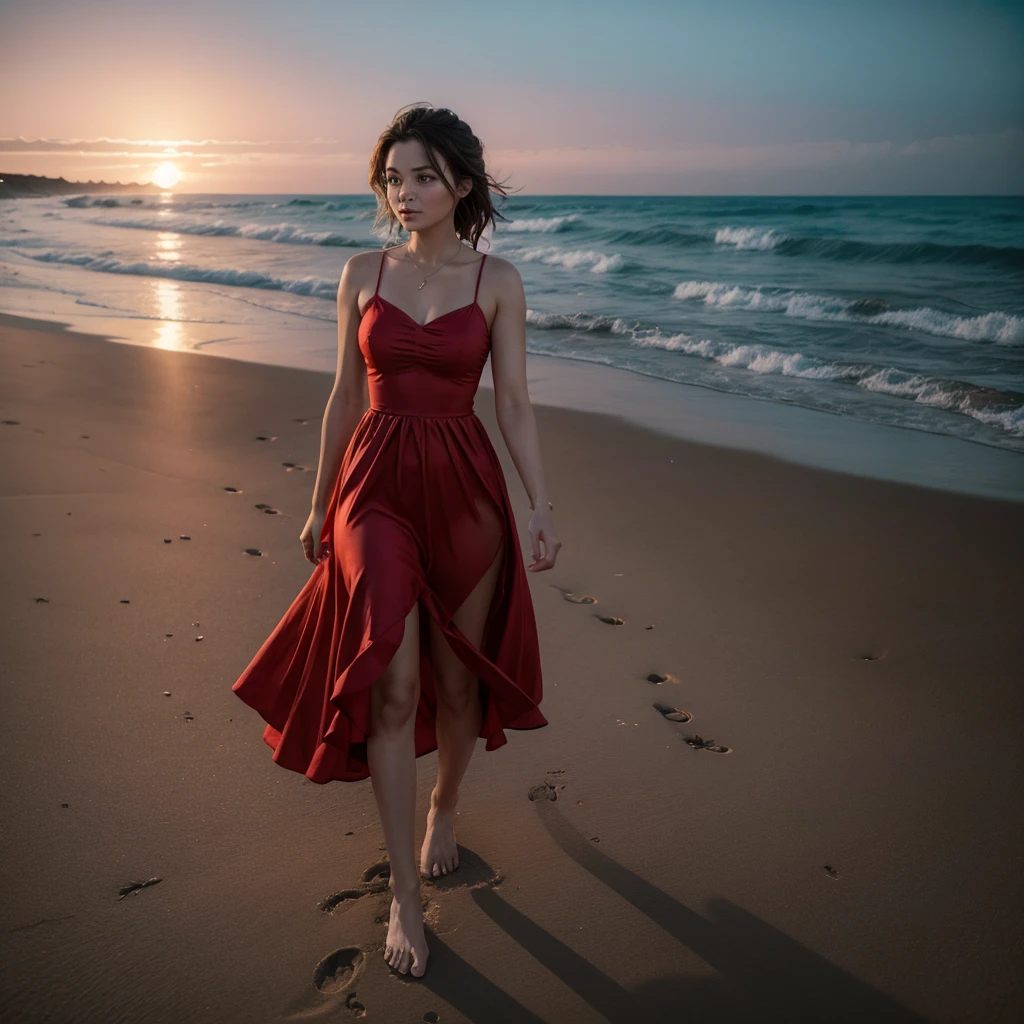 A woman walking on the beach at night in a red dress 