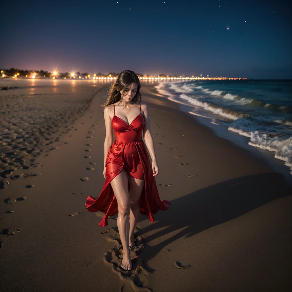 A woman walking on the beach at night in a red dress 