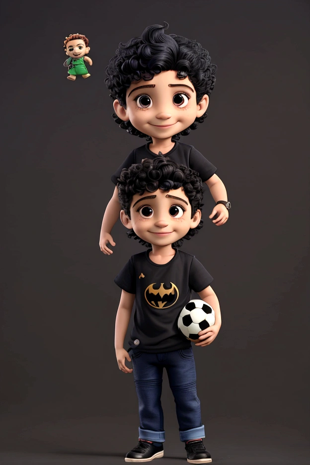 Ravi holding soccer ball, smiling for photo, cute boy, light hair, Short curly hair, Ravi in a black Batman shirt and jeans, school background with various toys