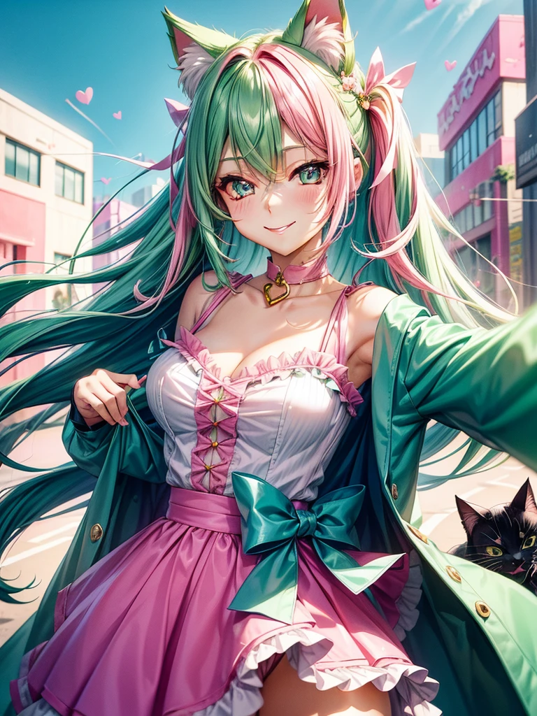 (( pink green hair color)), pink eyes, woman, teal blue gold clothes,happy face, sexy outfit, cat ears, hearts, floating hearts, face only, long hair, smiling, hair ornament, up close face, sexy clothes, sexy women , closed mouth smile, up close face, hair bows