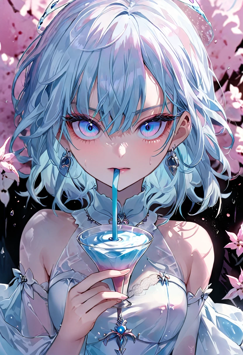 Qt/partagez votre beauté cheveu rosée aux yeux bleus.Anime, démon féminin dans un décor fantastique, mangeant une glace