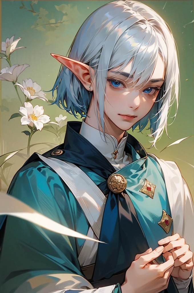 ​masterpiece、top-quality、A high resolution、2D Bishonen、Silvery hair 、Blue eyes, Elven ears, Wearing a military uniform,  short-haired, Gentle smile, Eyes are depicted in detail、Clothes are depicted in detail、The face is depicted in detail、soio、animesque、illustratio