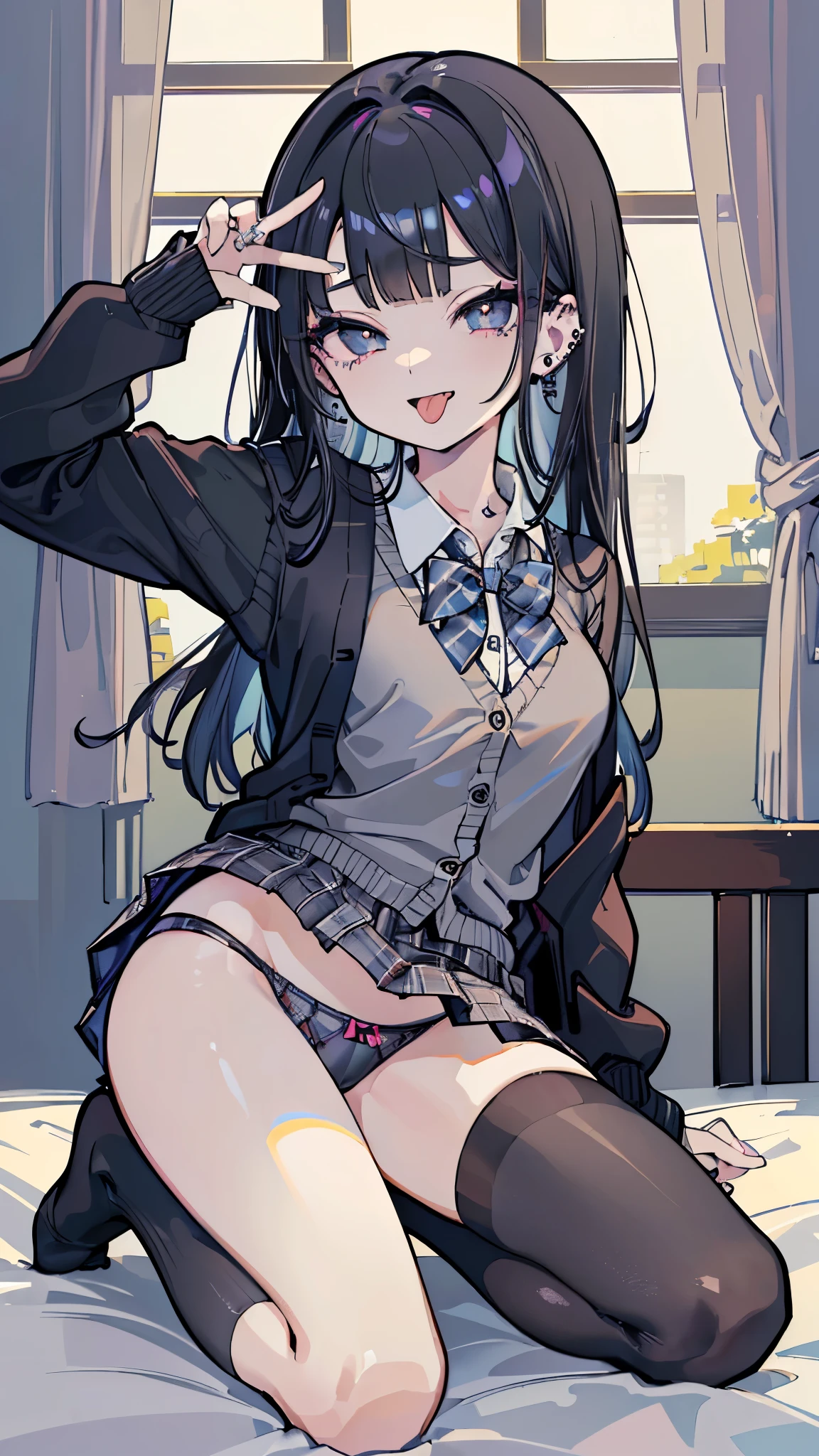 (masterpiece、Highest quality、Very detailed))、One girl、Black Hair、Long Hair、blunt bangs、Grey Eyes、evil smile、((Open Mouth))、((Stretching out the tongue))、((lots of piercings))、((Small breasts))、((cardigan))、((Black pleated skirt))、((skirt lift))、((light blue Plaid panties))、socks、kneeling、On the bed、Bedroom Background