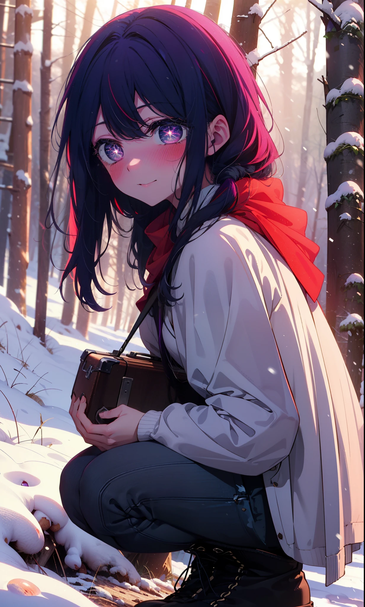 aihoshino, Ai Hoshino, Long Hair, bangs, (Purple eyes:1.1), Purple Hair, (Symbol-shaped pupil:1.5), smile,,smile,blush,White Breath,
Open your mouth,snow,Ground bonfire, Outdoor, boots, snowing, From the side, wood, suitcase, Cape, Blurred, , forest, White handbag, nature,  Squat, Mouth closed, Cape, winter, Written boundary depth, Black shoes, red Cape break looking at viewer, Upper Body, whole body, break Outdoor, forest, nature, break (masterpiece:1.2), Highest quality, High resolution, unity 8k wallpaper, (shape:0.8), (Beautiful and beautiful eyes:1.6), Highly detailed face, Perfect lighting, Extremely detailed CG, (Perfect hands, Perfect Anatomy),