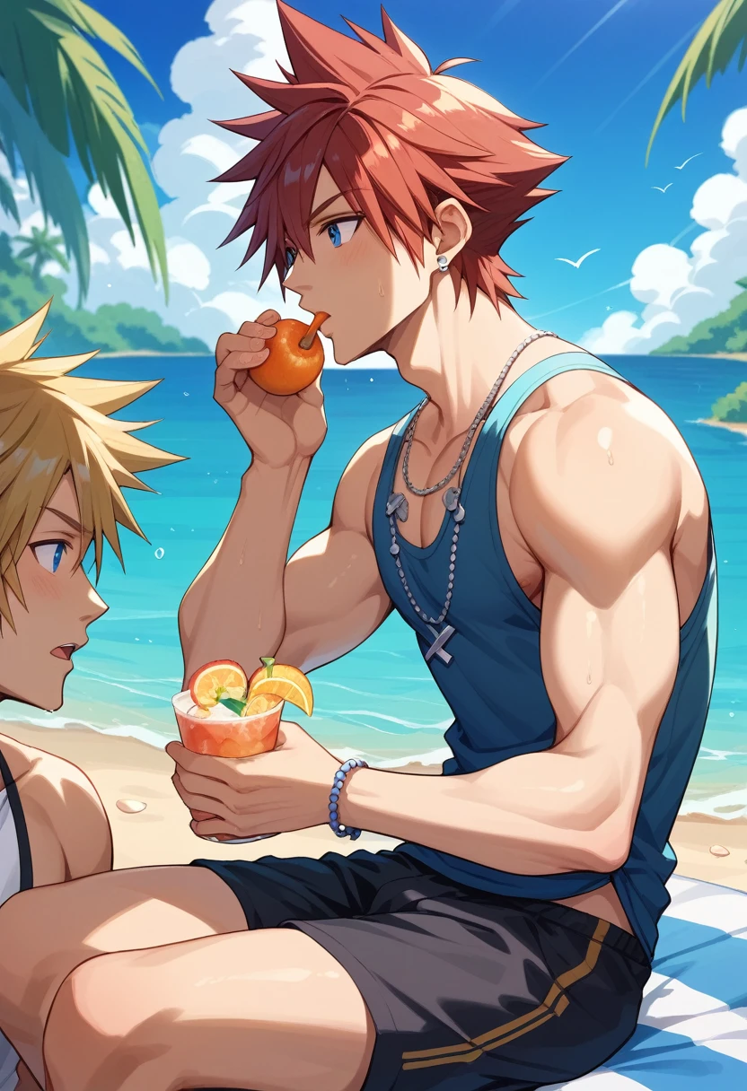 Kingdom hearts、((sky))、One Boy、Spiky hair、Active、Tropical、beach、（sitting and eating iced shandies）high resolution