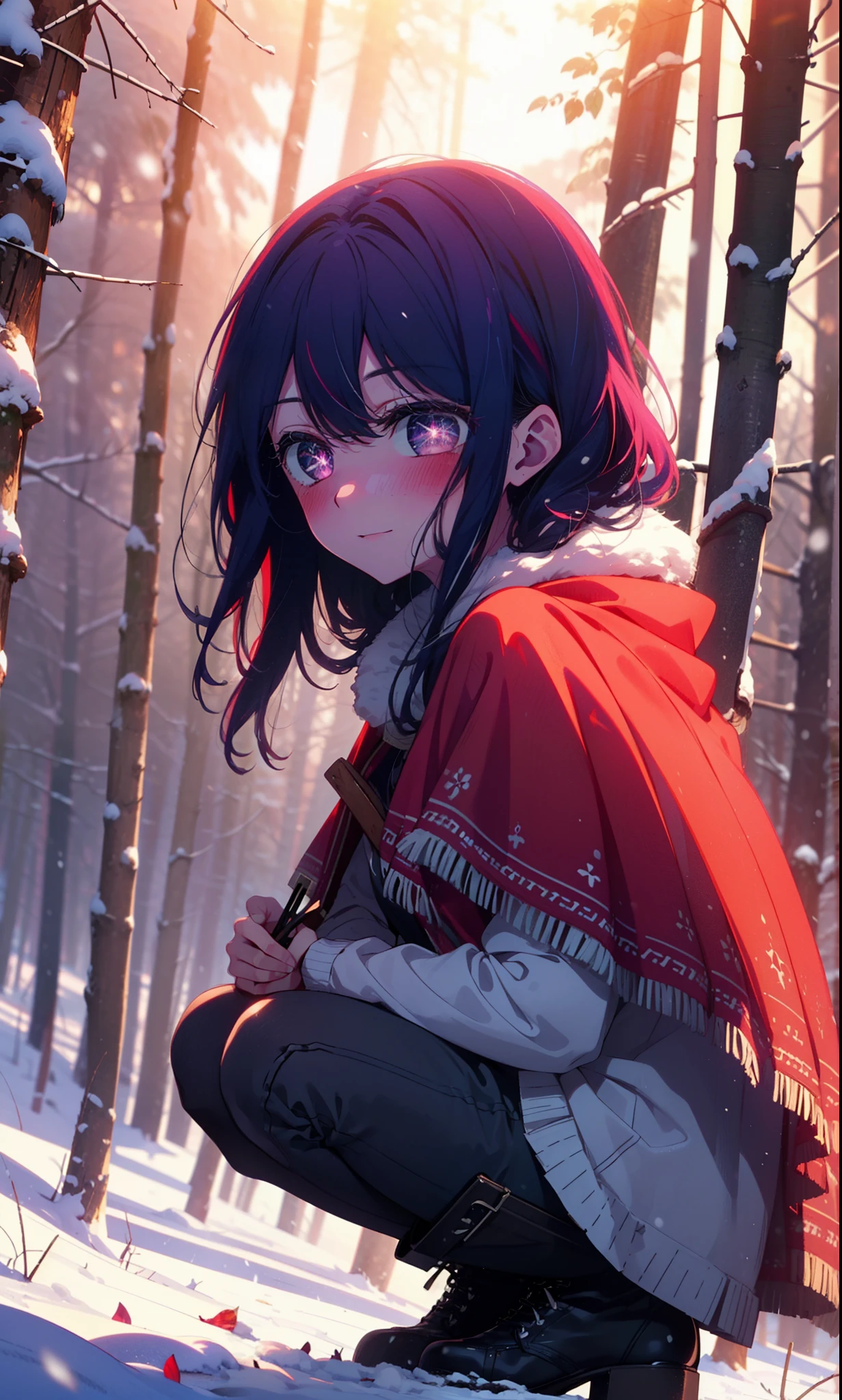 aihoshino, Ai Hoshino, Long Hair, bangs, (Purple eyes:1.1), Purple Hair, (Symbol-shaped pupil:1.5), smile,,smile,blush,White Breath,
Open your mouth,snow,Ground bonfire, Outdoor, boots, snowing, From the side, wood, suitcase, Cape, Blurred, , forest, White handbag, nature, Squat, Mouth closed, Cape, winter, Written boundary depth, Black shoes, red Cape break looking at viewer, Upper Body, whole body, break Outdoor, forest, nature, break (masterpiece:1.2), Highest quality, High resolution, unity 8k wallpaper, (shape:0.8), (Beautiful and beautiful eyes:1.6), Highly detailed face, Perfect lighting, Extremely detailed CG, (Perfect hands, Perfect Anatomy),