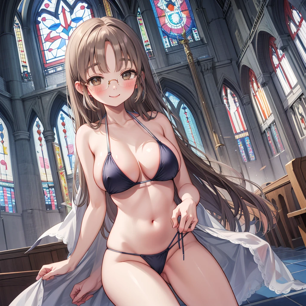 masterpiece, Highest quality, High Resolution, HS1,blush、smile,NSFW、church、Big Breasts、Stained glass、bikini、Glasses、Black Hair