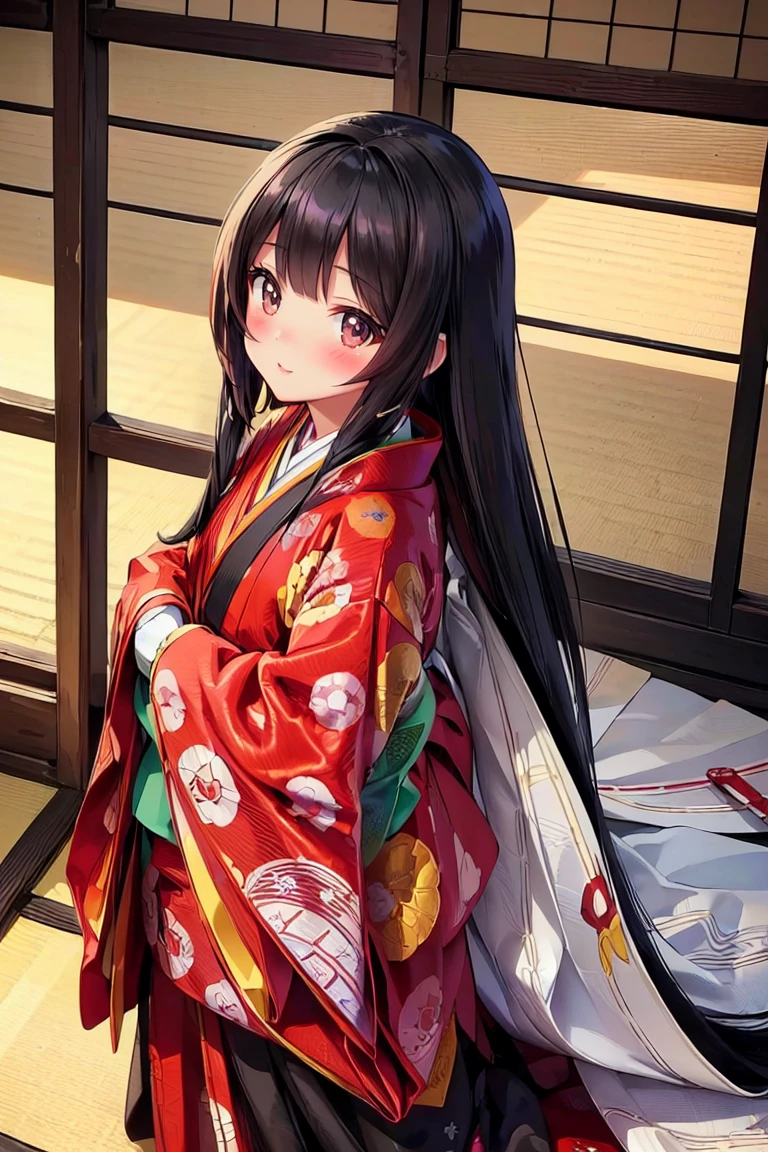 (Solo Japanese Girl:1.3), (Straight Long Hair, Shiny black hair:1.3), Karagin Jacket, Long hakama, 5 piece garment cuffs and chest, Wearing Imperial Kimono, Empire Pattern, (from the front), (Cowboy Shot), (Leaning forward, look up, From above:1.3), (((masterpiece, Super detailed, Highest quality, Ultra-high resolution, Great quality, Exceptional Quality, Super detailed, Unity 16K, Ultra-photorealistic))), (Moe anime art style:1.5),