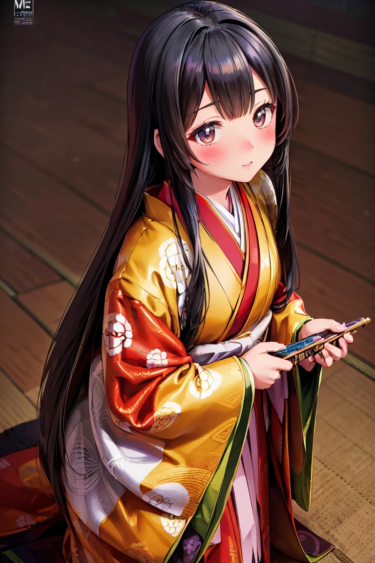 (Solo Japanese Girl:1.3), (Straight Long Hair, Shiny black hair:1.3), Karagin Jacket, Long hakama, 5 piece garment cuffs and chest, Wearing Imperial Kimono, Empire Pattern, (from the front), (Cowboy Shot), (Leaning forward, look up, From above:1.3), (((masterpiece, Super detailed, Highest quality, Ultra-high resolution, Great quality, Exceptional Quality, Super detailed, Unity 16K, Ultra-photorealistic))), (Moe anime art style:1.5),