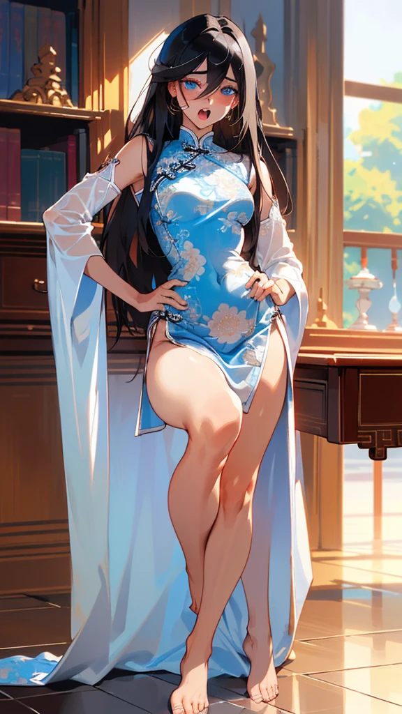 (Realistic:1.3), (photoRealistic:1.2), (highest quality:1.1), (Detailed skin:1.3), (Intricate details), Detailed skin texture, 
One woman and one man, 19 years old, 
(((In the study))), 
(blush:0.8), ((orgasm face)), open mouth
(Depict from HIP to head) , 
Black Hair, Straight Hair, medium Long Hair, bangs, Hair between the eyes, Reduce hair volume, 
Sparkling blue eyes, Lens Eye, Light reflection in the eyes, Symmetrical eyes, highlight on eyes,  eyelashes, looking at the camera, 
Close-fitting clothing, Wearing China dress, Side slits, (knee length China dress), Floral prints, (white g-string panty), Separate panties and clothes, ((let the hem of the dress to the side)), The front and back of the skirt are the same length
A woman has two legs, Two arms, Five fingers, Two joints in the fingers, barefoot, Perfect leg length
Spread her legs very wide, (touch her hip)
 (Bare her chest), (Bow-legged)