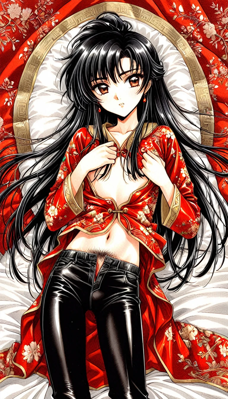 Beautiful  Chinese Kung Fu girl princess with short black hair　Gorgeous embroidery, Ultra glossy, She is wearing shiny red long sleeve floral pajamas....　She is made to lie down on a red enamel futon, her pants are forcibly removed, and her pubic hair is exposed.