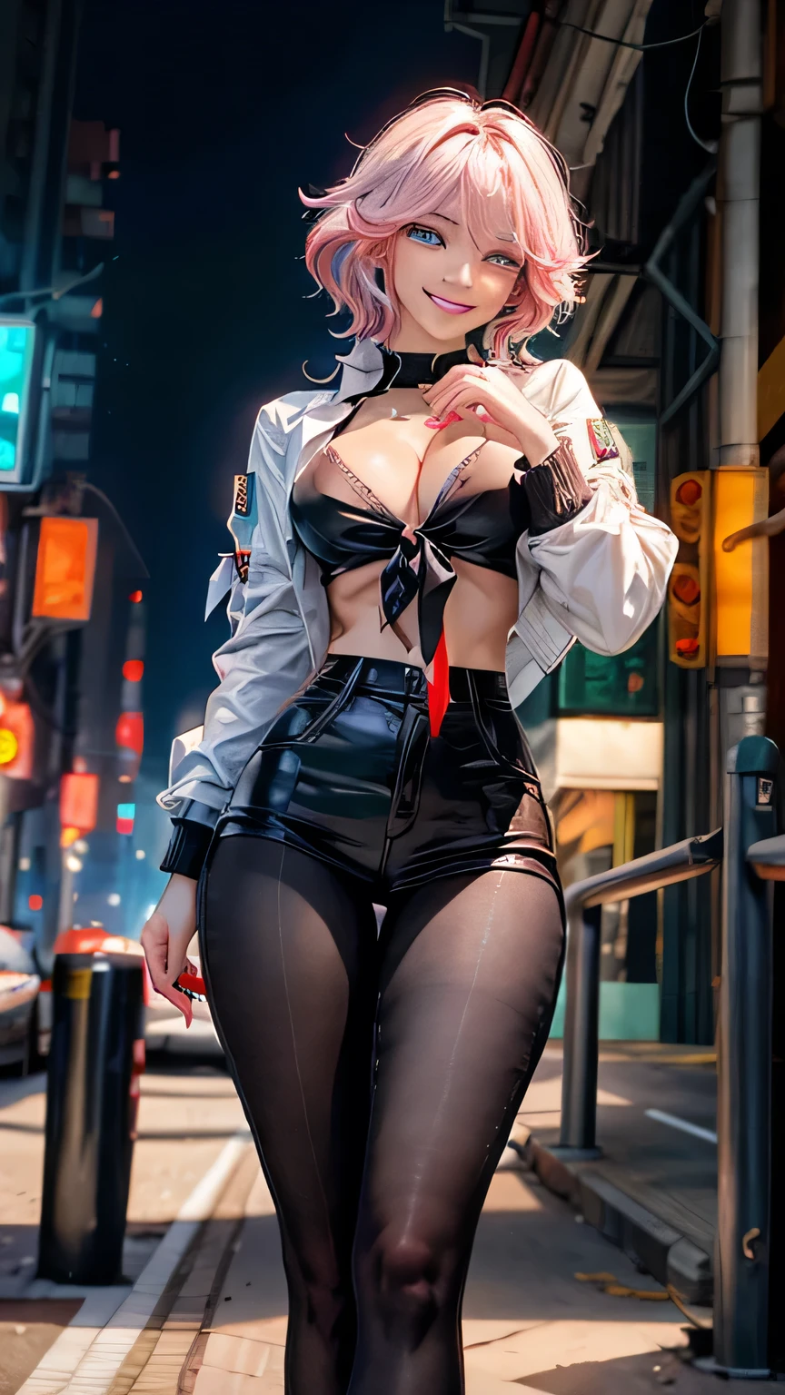 1 girl, 19 years old, Long pink hair, green eyes with slit pupils, master-piece, best quality, (standing up), (white shirt), (long sleeve white front-tie crop top, black pants, red nails, cleavage), (Big , ultra gigantic , Super super big, Glamorous body), Make eye contact with the camera, front figure, looking forward, (light_Smile:1.5), (Detailed hands and fingers:1.2) (Cyberpunk City), (FULL BODYSHOT), thighs thighs thighs thighs、beauty legs、Bare legs