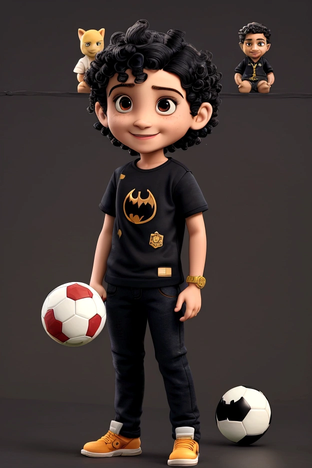 Ravi holding soccer ball, smiling for photo, cute boy, Short curly hair, light hair, Ravi in a black Batman shirt and jeans, school background with various toys