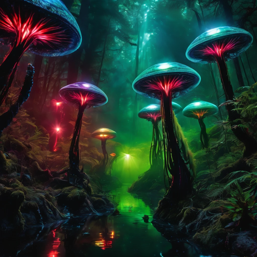 Fine Art, Black White Red Green, High Contrast, National Geographic Photo: André Uhlisch - Fine Art, Black White Red Green, High Contrast, National Geographic Photo Image, Digital painting of a bioluminescent alien family with shimmering iridescent fur dancing around in an otherworldly world, illuminated by the creatures' magical light, done in disco core fashion, Ektachrome photography style, with a juxtaposition of post-apocalyptic futuristic elements and hyper-realistic details, shot on 70mm film, surrounded by a vibrant enchanted forest with glowing flora and fauna.