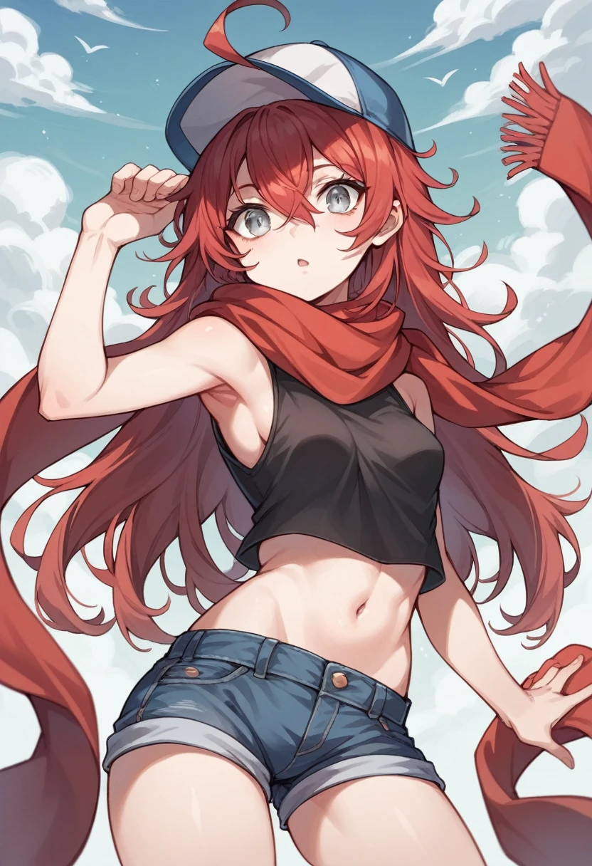 best quality, masterpiece, super high resolution, perfect anatomy, 1girl, red hair, long hair, hair between eyes, messy hair, ahoge, silver eyes, small breasts, chestnut mouth, freackles, pale skin, 23 years old, incredibly absurdres, sleeveless top, black top, crop top, Denim shorts, scarf, baseball cap,