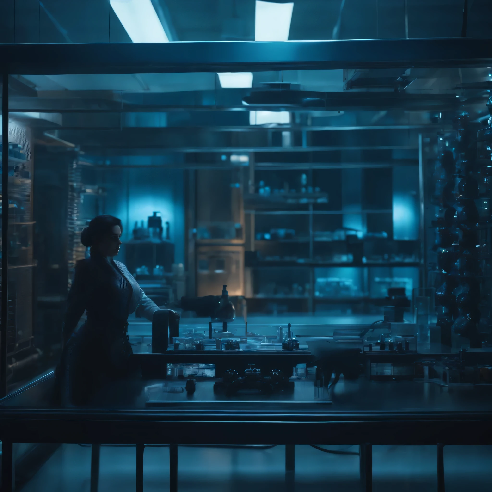 Maya went into the laboratory and found a device that erased the infected's memories, 4k realistic imagery, blue scenery like a movie scene, old american setting, inspired by blade runner movie scene, blue tone,
