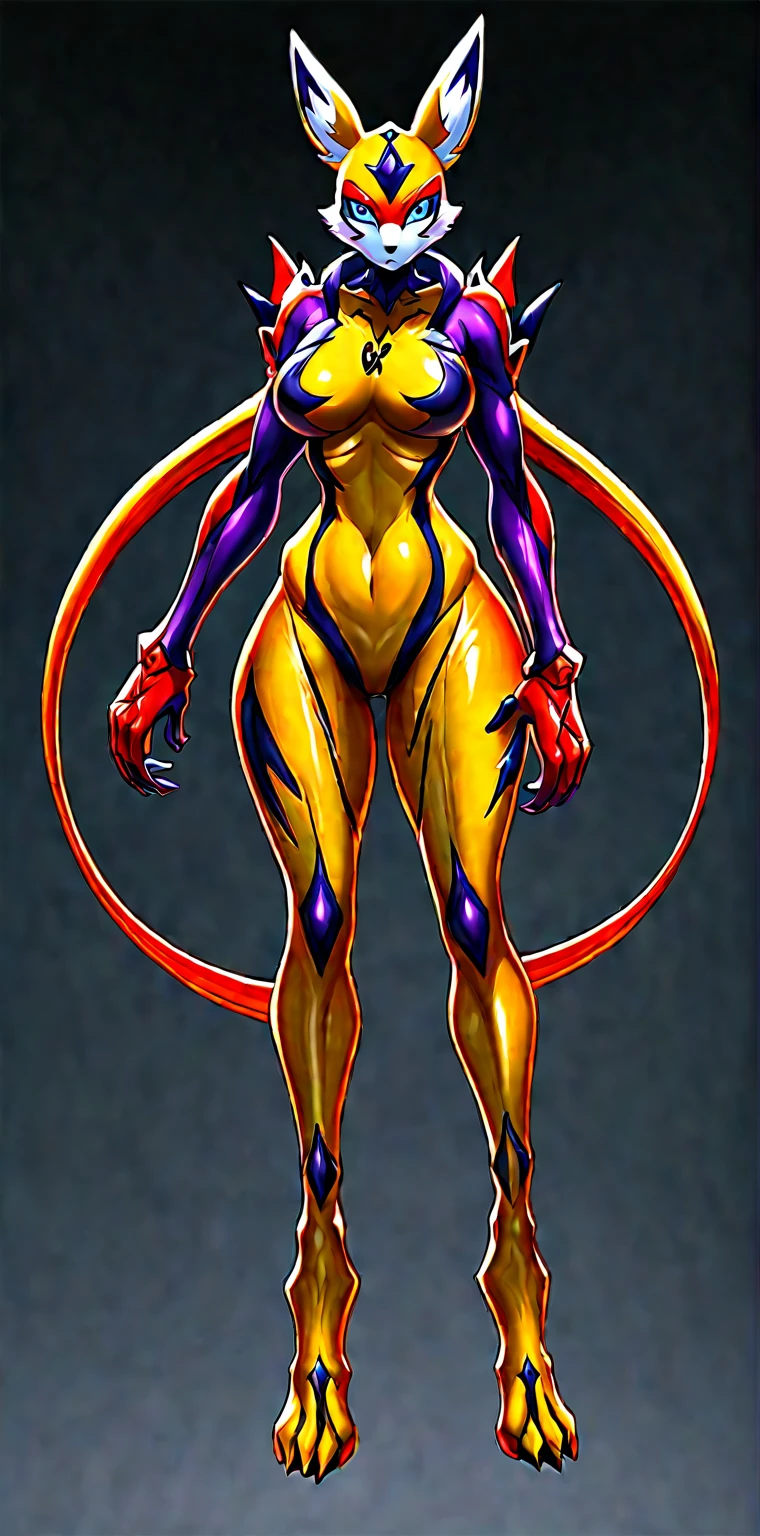 ((Whole body):1.5), browsing caution, whole body concept art, {(((1 Woman fused with renamon))}, {Wear renamon Skin's full body suit and renamon Skin's full face mask)}, {((Fusion with renamon))}, {((Life Clothes)}, {((Fallved into Evil, Fox Monster)}, {((Yellow Full Skin Suit))}, 16K, High quality, Attention to details, Ultra High Resolution,Full-body concept art, 1 woman,A figure fused with a dragon, witch blade motivism, evil fall, symbiote skin,  Blood vessels floating all over the body, yellow and purple full body suit, enemy woman, bio full skin suit, high image quality, real, high detail, 16K, purple gloves, renamon bodysuit, fortified suit, glossy, digimon, goddess, mature female, mistress, fox mask, masterpiece, more_details:-1, more_details:0, more_details:0.5, more_details:1, more_details:1.5