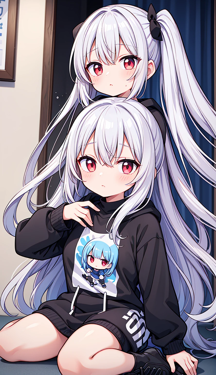 １older sister、Silver straight hair、Red Eyes、17歳のolder sister、I'm scared、White and blue hoodie jumper、Black jeans、Black sneakers、Have acrobatic movements、Under her jersey she wears a white T-shirt that reveals her very large breasts.、ボン・キュッ・ボンの身体突きをしたolder sister、The body is slightly twisted.、My chest is shaking so much、Messy hair with flyaways、very cute、A girl with a body you&#39;ll want to hug、The body shape is normal human