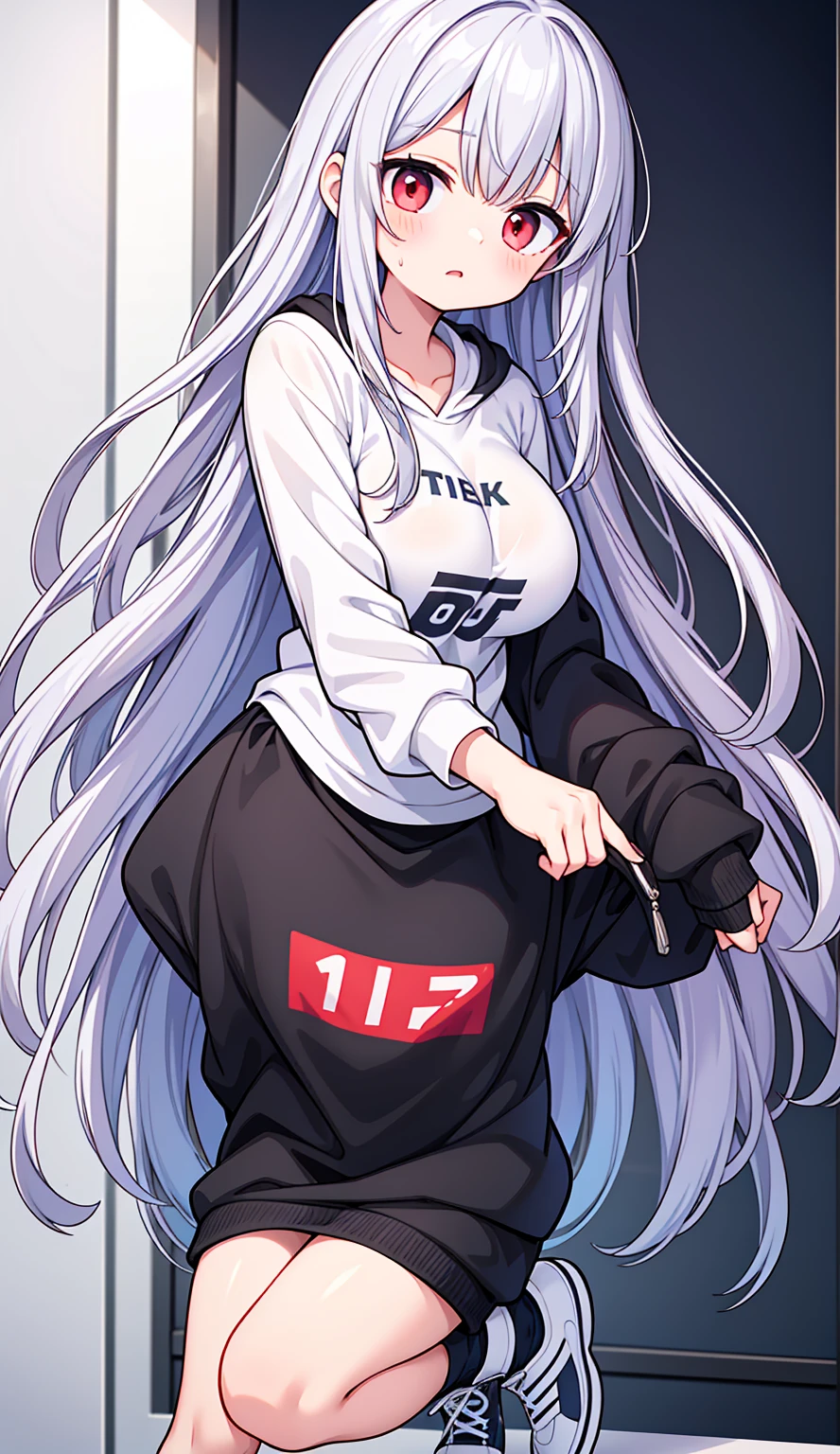 1older sister、Silver straight hair、Red Eyes、17歳のolder sister、I'm scared、White and blue hoodie jumper、Black jeans、Black sneakers、Have acrobatic movements、Under her jersey she wears a white T-shirt that reveals her very large breasts.、ボン・キュッ・ボンの身体突きをしたolder sister、The body is slightly twisted.、My chest is shaking so much、Messy hair with flyaways、very cute、A girl with a body you'll want to hug、The body shape is normal human