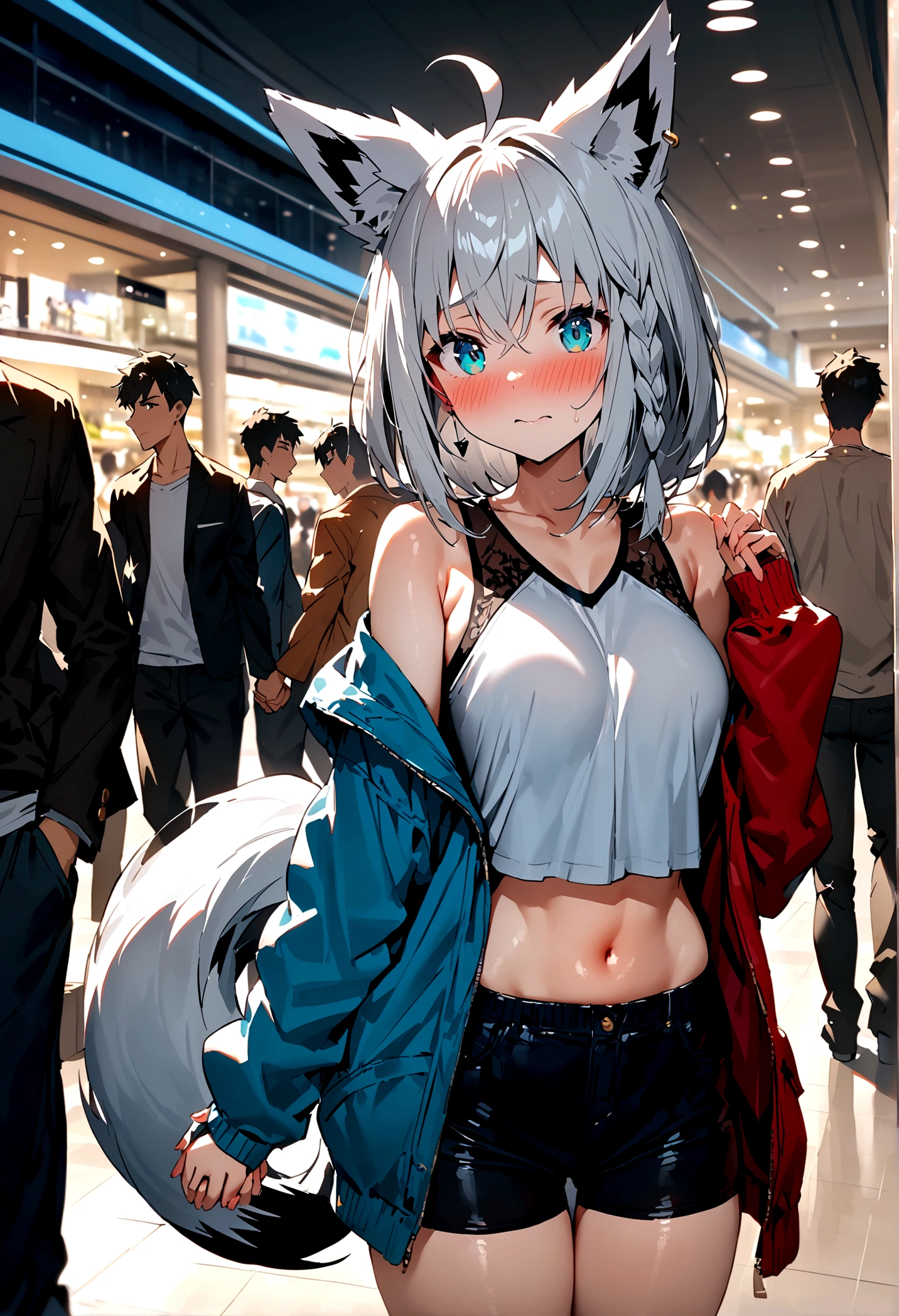 NSFW,masterpiece,Highest quality,High resolution,Super detailed,Shirakami Fubuki\(Hololive\),Gray Hair、One-sided braid、Ahoge、Earrings,Fox ears,Fox tail,Jacket,Crop top,Shorts,Embarrassed,blush,Expecting face,Seduce,Shopping mall,(Young men),Holding hands