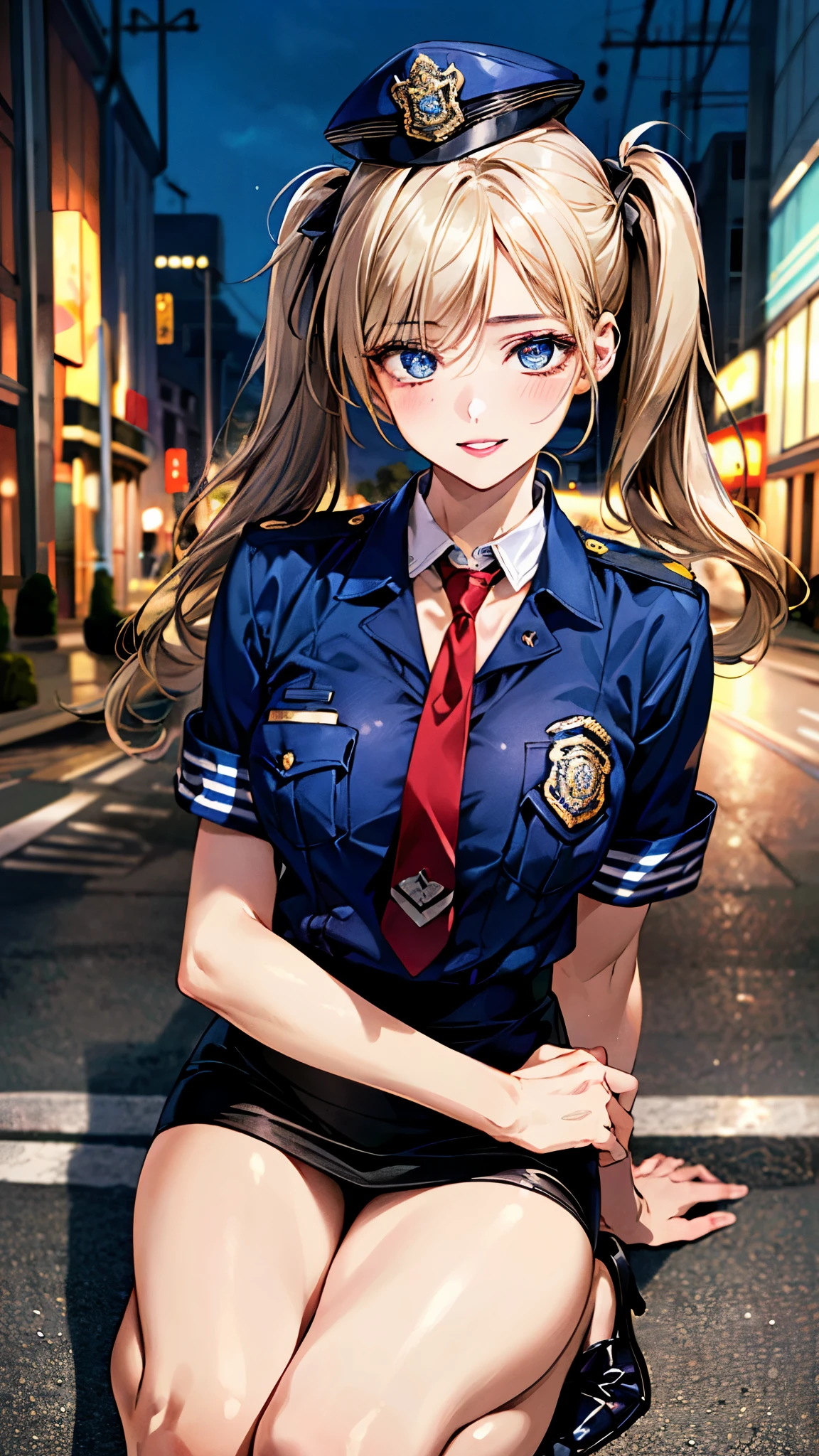 (masterpiece:1.3, top-quality, ultra high resolution, ultra detailed), (realistic, photorealistic:1.4), beautiful illustration, perfect lighting, natural lighting, depth of fields, nsfw,
beautiful detailed hair, beautiful detailed face, beautiful detailed eyes, beautiful clavicle, beautiful body, beautiful chest, beautiful thigh, beautiful legs, beautiful hands,
looking at viewer, (face focus), 1 girl, policewoman, , (perfect anatomy, anatomically correct), cute and symmetrical face, babyface, pet face, perfect eyes, shiny skin,
(middle hair, twintails, ash blonde hair), crossed bangs, blue eyes, big eye, long eye lasher, lipstick, (nedium breasts, seductive thighs), slender, outstanding style,
(police uniform, police hat, necktie, pencil skirt, armband, holster),
(beautiful scenery), dark, night, (sapporo city, intersection), kneeling, clossed arms, (seductive smile, upper eyes, parted lips),