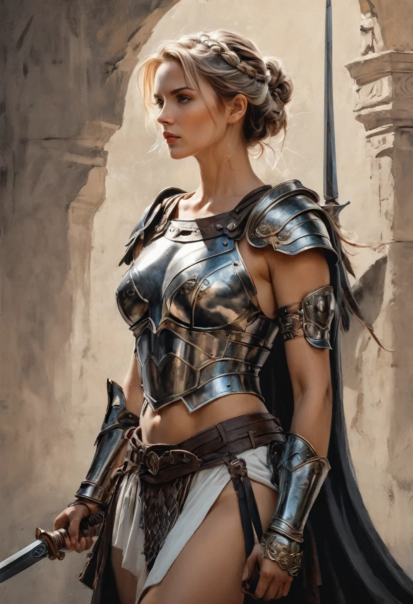 smooth lines, Express expressions and postures through ink contrast, The background is simple. emphasize light, shadow and space. ((full body):1.3), Drawing of Mature beauty. ((Detailed eye):1.3),((fresh)), wearing gladiator armor, painting, (best quality,4K,8k,high resolution,masterpiece:1.2),Super detailed,(actual,photoactual,photo-actual:1.37).