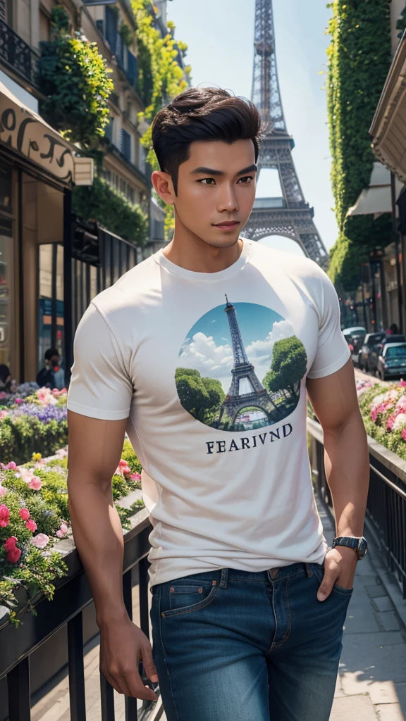 4D realistic image of the dynamic pose of a handsome Indonesian man, svelte body, oval face shape with a vintage Eiffel Tower background, wearing a casual t-shirt and jeans, Paris streets with flower gardens and green trees, detail, soft lighting, romantic atmosphere, photography,  high resolution.