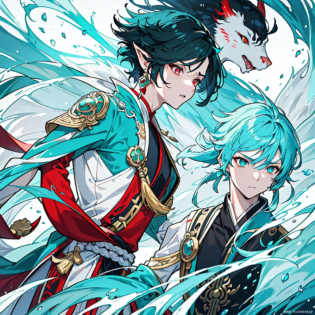 a hybrid teenage chinese dragon boy, medium and slender body, turquoise scales, thin arms, short and messy dark turquoise hair, a horn on the forehead, small and pointed ears with traditional red earrings, iridescent pale eyes, wearing white and turquoise traditional japanese style clothing with red patterns, long chinese dragon tail with turquoise patterns, profile, 1 boy character, pale skin, dark turquoise hair, Kaeya Genshin Impact, Final Fantasy XIV, attack pose, (best quality,4k,8k,highres,masterpiece:1.2),ultra-detailed,(realistic,photorealistic,photo-realistic:1.37),intricate details,hyper realistic,dramatic lighting,cinematic,digital art,illustration,fantasy,concept art

1 boy alone