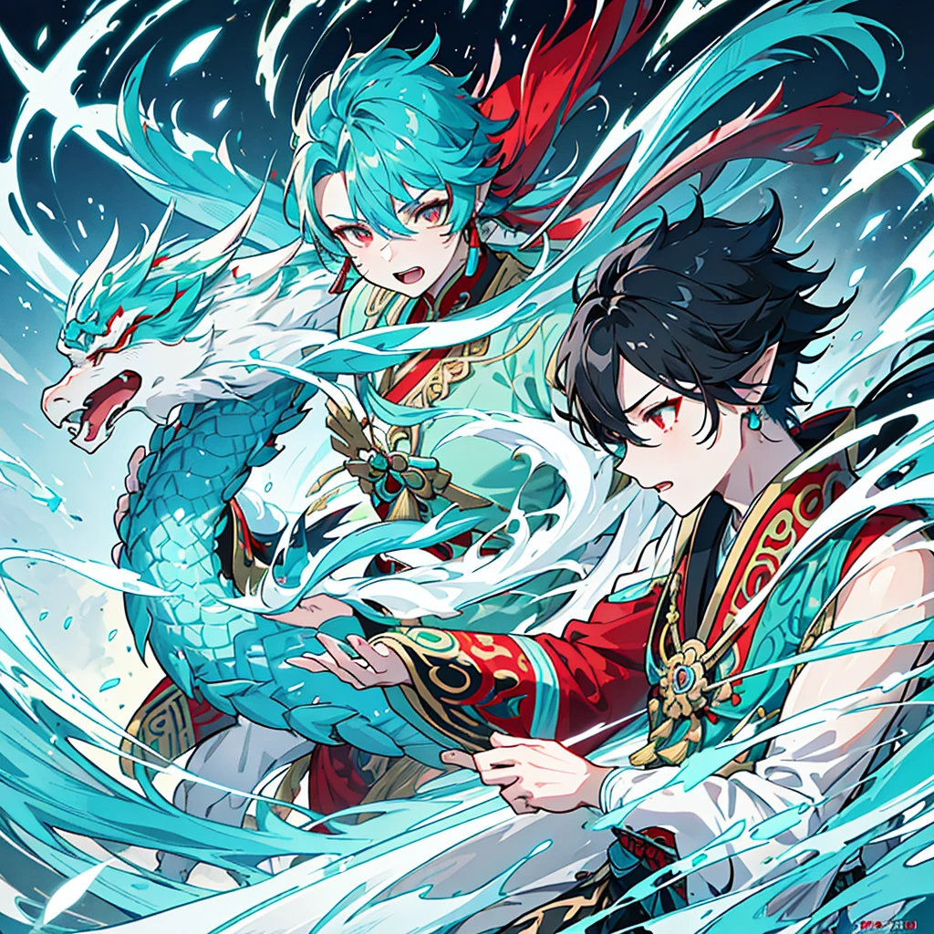 a hybrid age chinese dragon boy, medium and slender body, turquoise scales, thin arms, short and messy dark turquoise hair, a horn on the forehead, small and pointed ears with traditional red earrings, iridescent pale eyes, wearing white and turquoise traditional japanese style clothing with red patterns, long chinese dragon tail with turquoise patterns, profile, 1 boy character, pale skin, dark turquoise hair, Kaeya Genshin Impact, Final Fantasy XIV, attack pose, (best quality,4k,8k,highres,masterpiece:1.2),ultra-detailed,(realistic,photorealistic,photo-realistic:1.37),intricate details,hyper realistic,dramatic lighting,cinematic,digital art,illustration,fantasy,concept art
1 boy alone