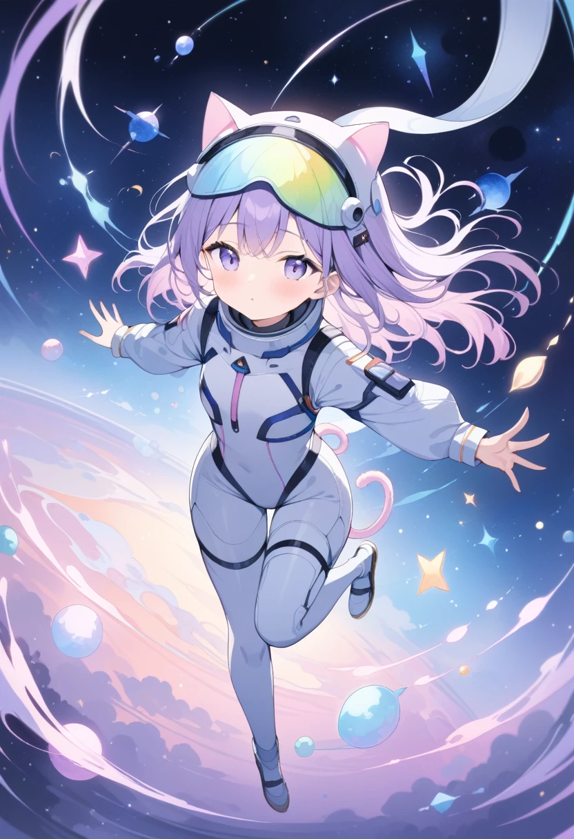 ((Masterpiece)), ((Best Quality)), (Very Detailed), ((Very Detailed)), 4K, (8K), very aesthetic, absurdres highres, Cat clad in a miniature space suit floating amidst the cosmic backdrop of a nebula, whiskers gently splayed by zero gravity, eyes wide with cosmic wonder, starfield reflecting in the helmet visor, pastel-colored galaxies swirling in the background, watercolor style, ultra realistic, high-quality digital painting.