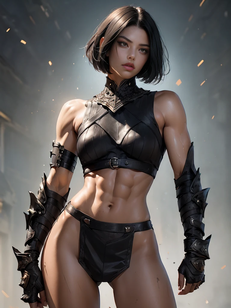 (((of the highest quality: 1.4))),(unparalleled masterpiece ever), (Ultra high definition),(Ultra realistic 8K CG), (((adult body))), (((1girl in))), ((( Bob Shorthair ))), Gladiators with perfect bodies,,Beautiful and well-groomed face,muscular body:1.4,Detailed breastplate, gauntlets、is standing, (Image from head to thigh),(( Black Hair Bob Shorthair )),, Simon Bisley's urban savage style,Detailed ancient Roman background,Clean abs, Complex equipment, Dark brown with white stars and gray and white stripes,,,s Armor, Poison tattoo
