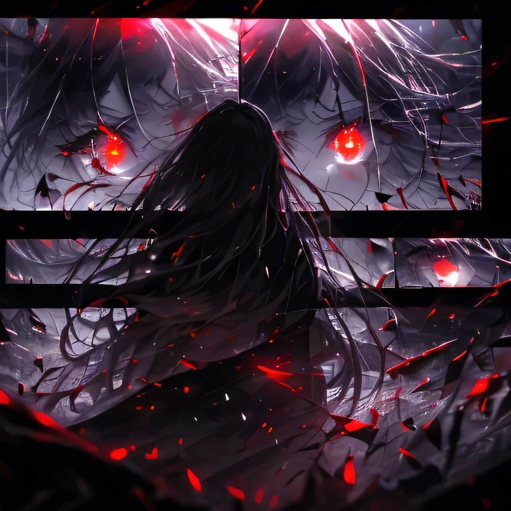 (masterpiece), (panels), (soft drops of blood, tears), ((dark colors 1.6)), (red glowing eyes), (blood splatters), blood floating), (long hair), (divided panels), (girls staring at viewer), (upper body), (upper face), ((shattered glass 1.3)), (glass shards floating in the air), (detailed hair), (emotionless), (fog 1.2), (well lit), (detailed lighting), (sharp focus:1.3), (focus at the face:1.3), (dystopian atmosphere), (glowing light), (torn buildings), ((ruins)), (fallen down pillars), (mist), (windy atmosphere), (chaos), (tears dripping from eyes), (tears blowing in the wind), (lighting from behind), ((hair blowing in the wind), (in the background there are eyes), (red eyes on the walls 1.3), ((seperate)), (particles floating in the air 1.2), (light reflecting off hair), ((detailed background)), (particles are in the background), (girl facing forward), (girl facing sideways), ((glowing red eyes)), (detailed eyes), (monitor panels)
