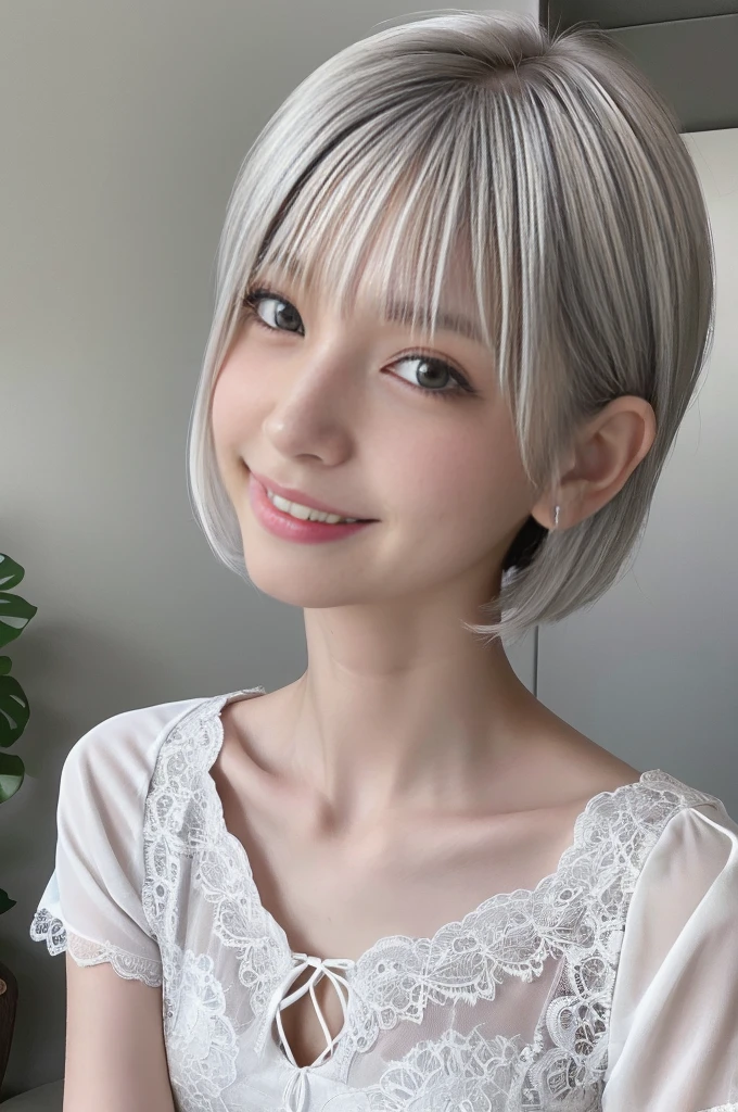 1 Japanese girl, 12 years old, incredibly ultra cute, neat and clean, happy smile, detailed charming eyes, detailed face, (laced onepiece, ultra slender, incredibly white and beautiful skin, short silver hair:1.75), (best quality,4k,8k,highres,masterpiece:1.5),ultra-detailed,(realistic,photorealistic,photo-realistic:1.37),highly detailed,intricate details,vibrant colors,soft lighting,beautiful scenery,delicate features,cute expression,elegant pose