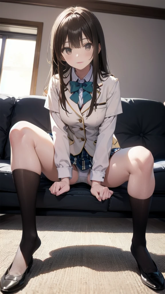 Top quality, masterpiece, High resolution, (Head to toe full body), front, frontやや下からの構図, Symmetric, Tall 18 year old girl, alone, (Head to toe), (Small breasts), Unkempt brown hair, bangs, (black tights), (Black Pantyhose), (Sit with your legs apart), (Crouching pose), (A composition showing white panties), (Her legs were spread、I see your white pants.), (I was made to sit on the floor with my legs spread..), (M-shaped legs), Thin legs, A very beautiful and tall 18 year old girl, (No shoes), blush, Shy big eyes, looking at the camera, Blazer Uniform, Checkered Pleated Skirt、Kumiko Omae