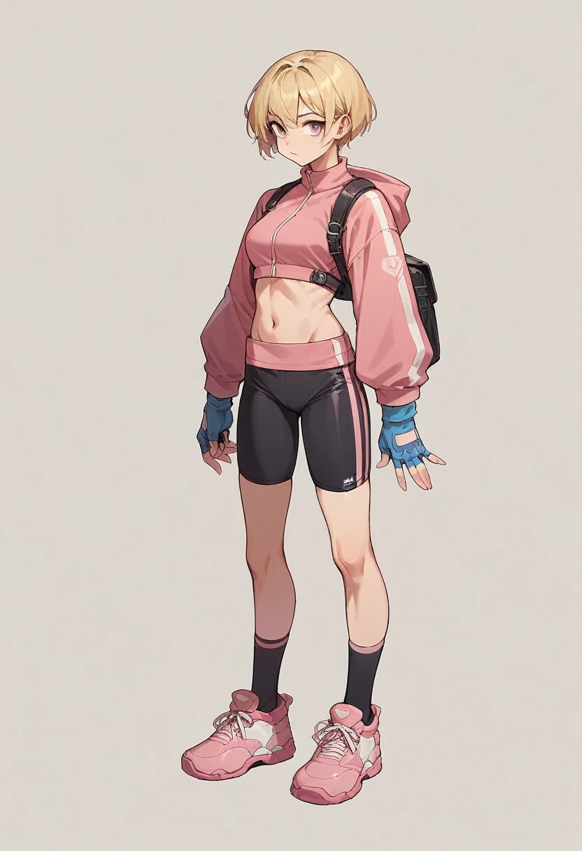 1girl, pink black bike jersey, pink black bike shorts, tight jersey, blonde hair, fingerless blue gloves, long sleeves, full body, gloves, short hair, shoes, socks, standing, solo