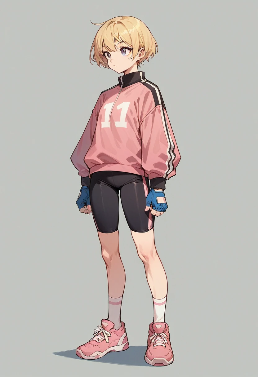 1girl, pink black bike jersey, pink black bike shorts, tight jersey, blonde hair, fingerless blue gloves, long sleeves, full body, gloves, short hair, shoes, socks, standing, solo